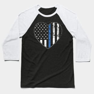 Thin Blue Line Distressed American Flag Heart Baseball T-Shirt